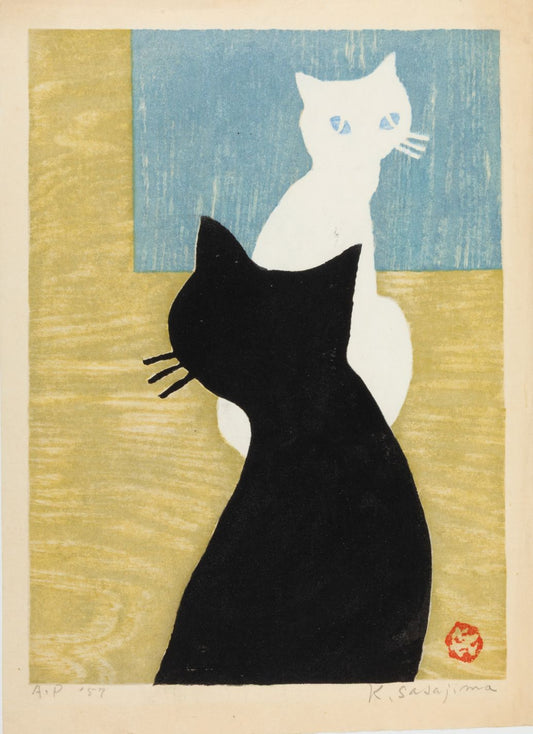 Arte Japonés - Gatos blancos y negros de Kihei Sasajima