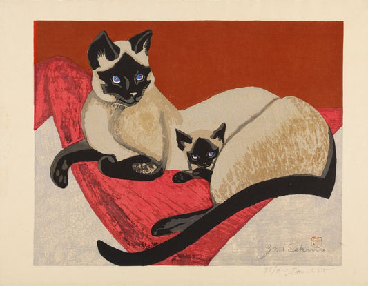 Arte Japonés - Gato siamés y gatito de Junichiro Sekino