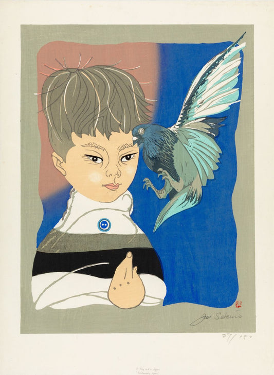 Arte Japonés - Niño con pájaro de Junichiro Sekino