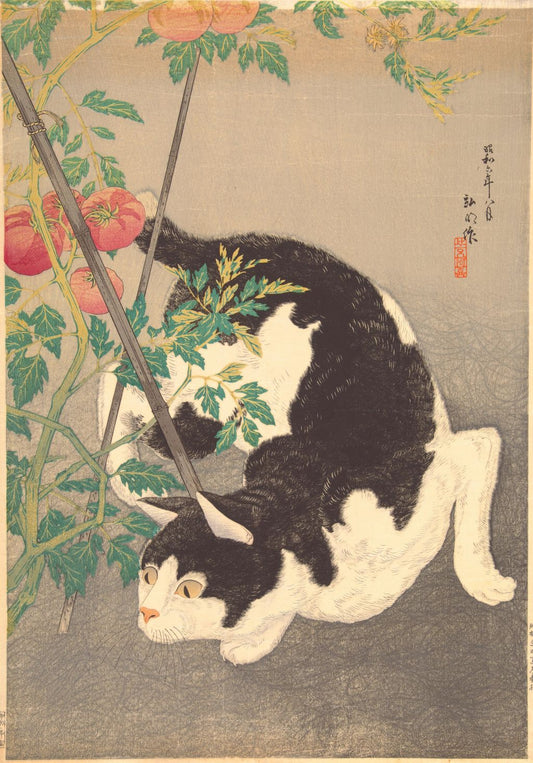 Arte Japonés - Gato negro y planta de tomates de Takahashi Hiroaki
