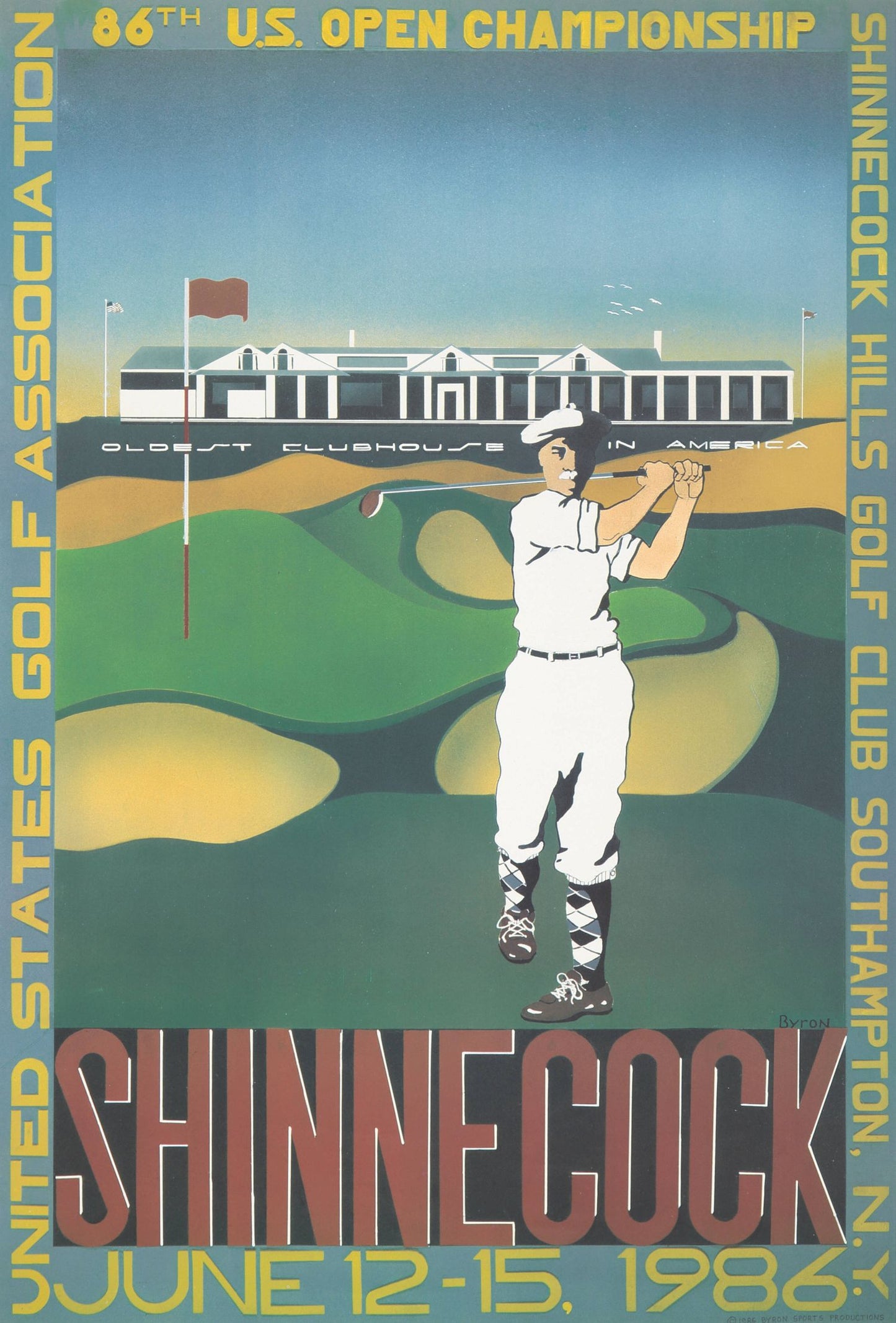 "U.S. Open de Golf de 1986" de Byron Huff con borde azul y letras amarillas