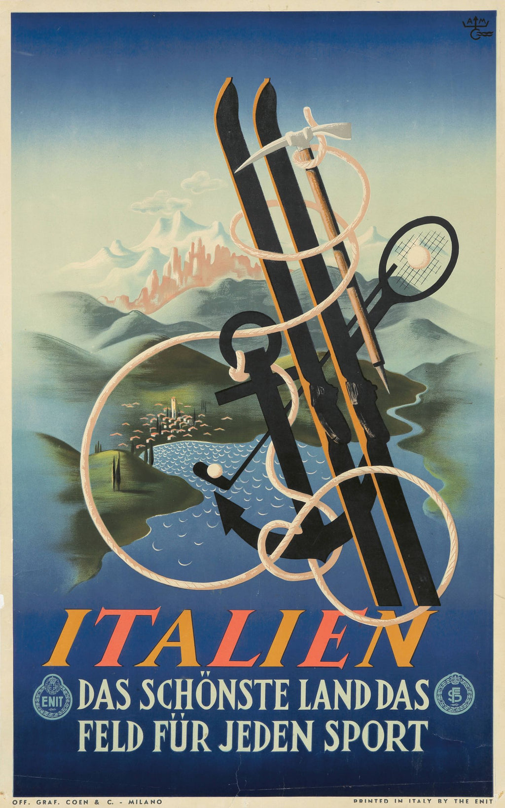 Cartel "Italia" con eslogan alemán por A.M. Cassandre