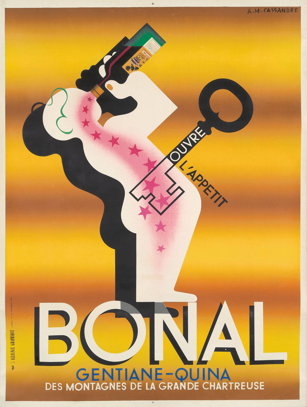 "Bonal Gentiane-Quina" de A. M. Cassandre con frase en francés en la zona inferior