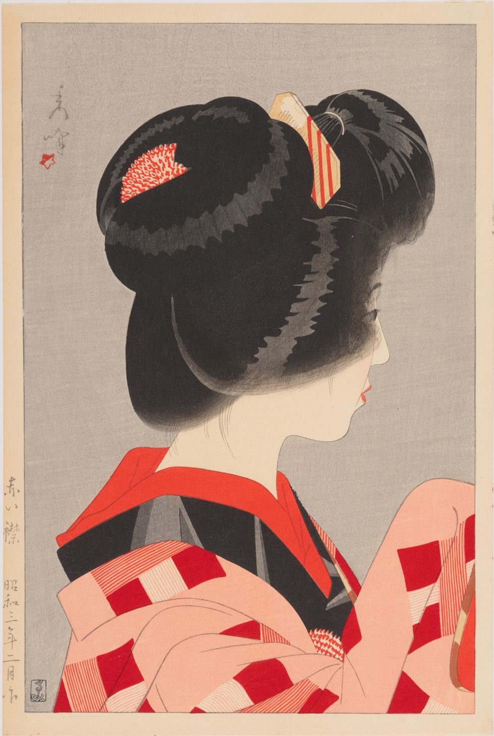 Arte Japonés - Mujer en kimono rojo de Yamakawa Shūhō