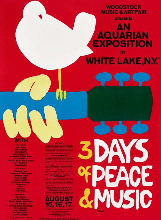 Woodstock poster rojo con nombres de bandas, fecha, y lugar
